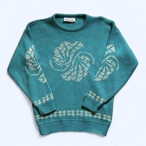 Vintage 1980s Teal Le Rough Sweater with Cream Gold Pattern M